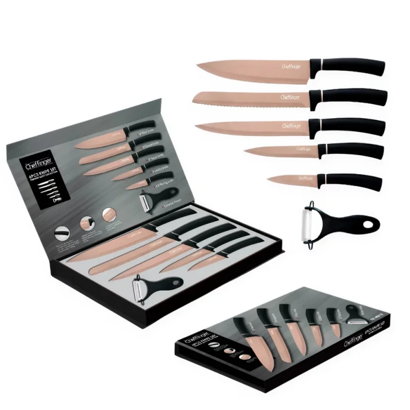 Cheffinger Sada 6 nožov s mramorovým povrchom - kolekcia Titanium Gold + Black