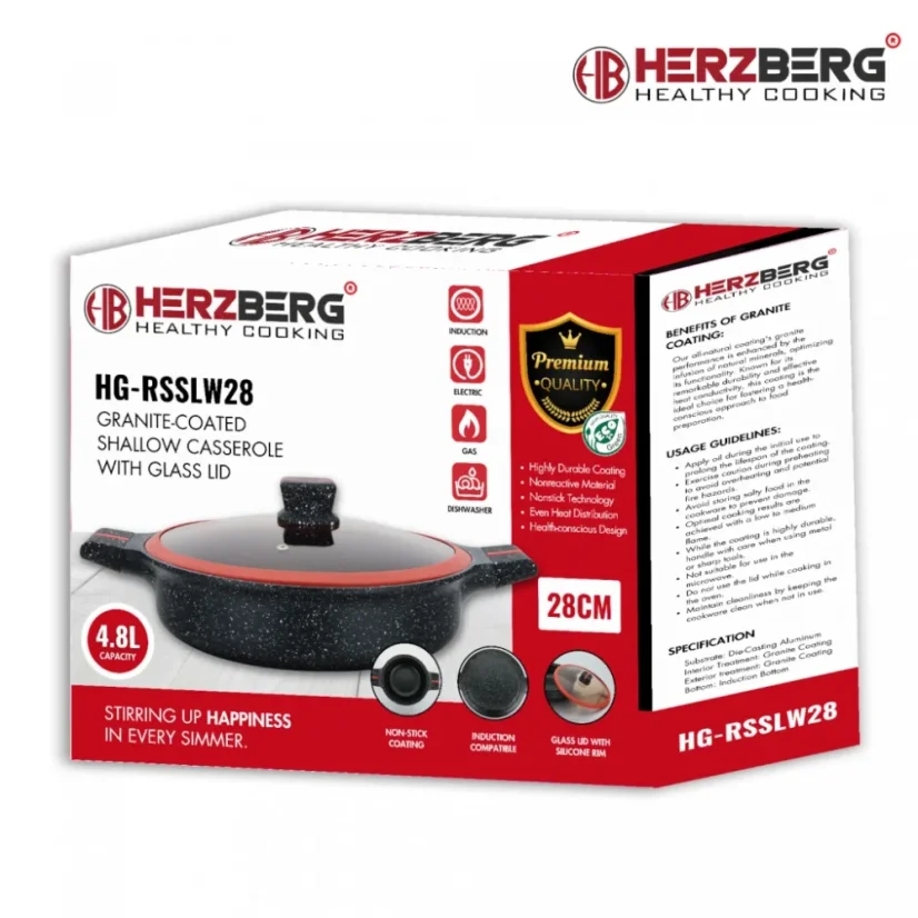 Herzberg Granite coated pot with glass lid, low - 28 cm