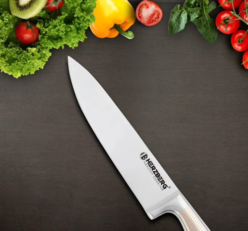 Herzberg 8-piece stainless steel knife set with acrylic stand - Yellow