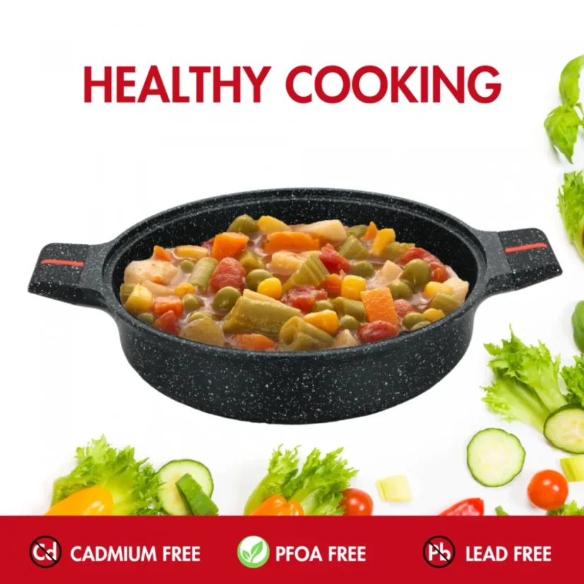 Herzberg Granite coated pot with glass lid, low - 28 cm
