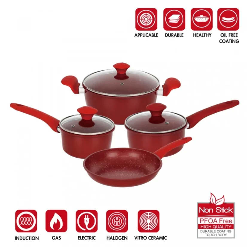 Herzberg 7 Pieces Marble Coated Cast Iron Cookware Set - Red
