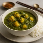 Spinat-Curry mit Kartoffeln & gedämpftem Reis (vegetarisch, cremig, unkompliziert)