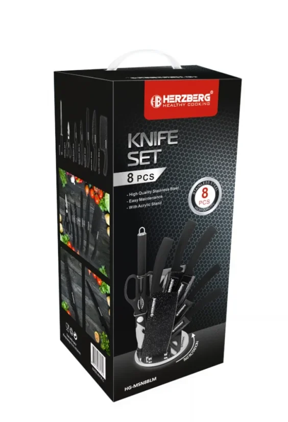 Herzberg 8 piece knife set with acrylic stand - Black marble