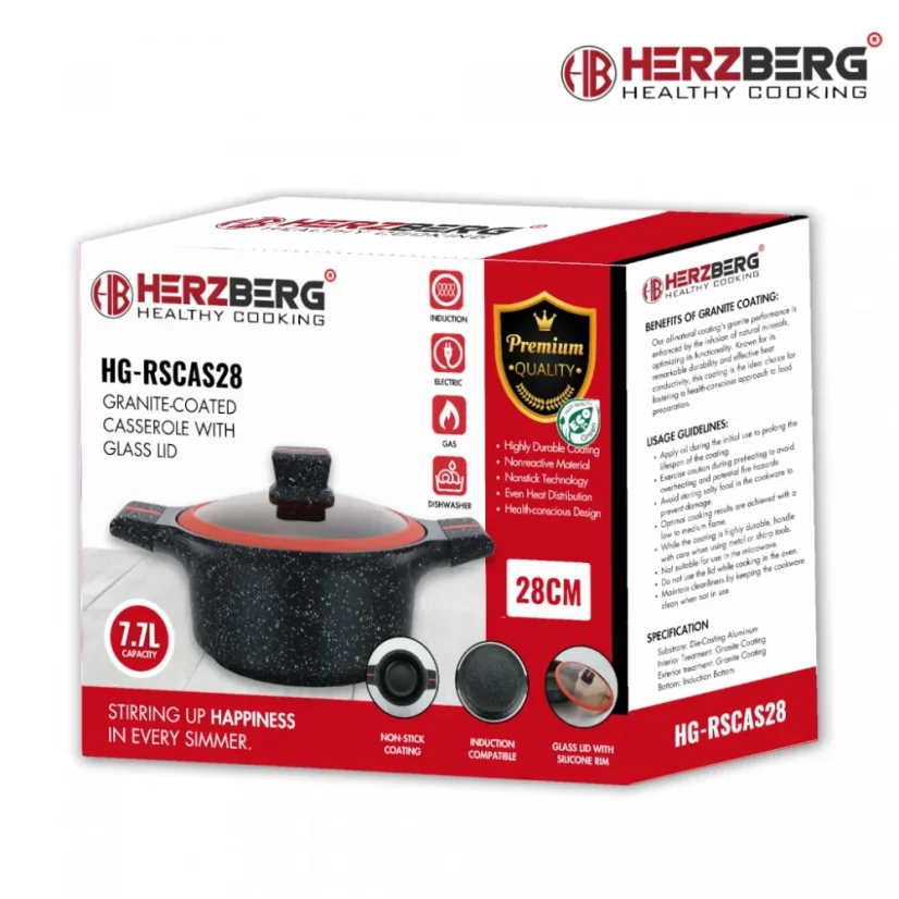 Herzberg Granite coated pot with glass lid - 28 cm