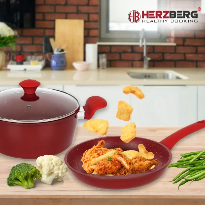 Herzberg 7 Pieces Marble Coated Cast Iron Cookware Set - Red