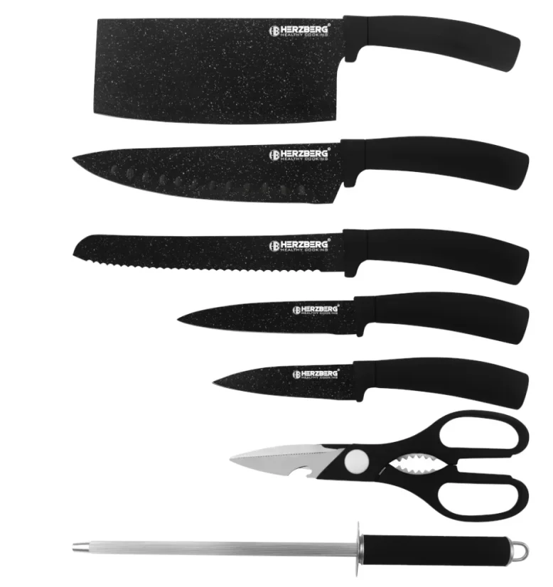 Herzberg 8 piece knife set with acrylic stand - Black marble
