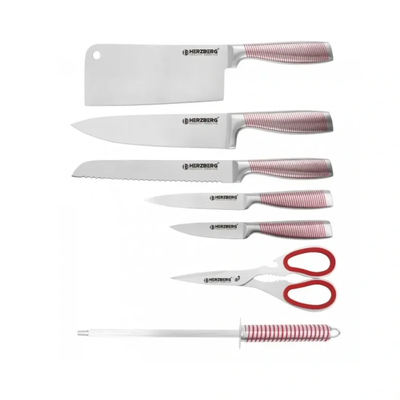 Herzberg 8dílná sada nožů z nerezové oceli s akrylovým stojánkem- Červená