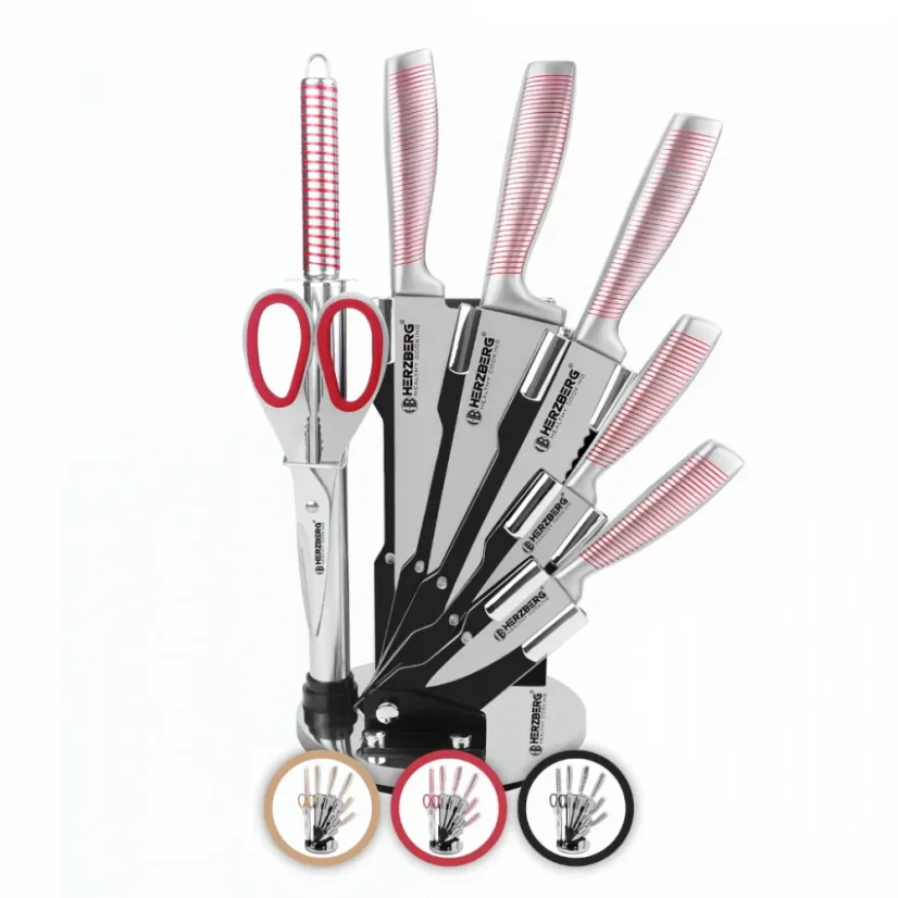 Herzberg 8-piece stainless steel knife set with acrylic stand - Yellow