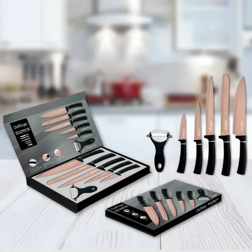 Cheffinger Sada 6 nožov s mramorovým povrchom - kolekcia Titanium Gold + Black