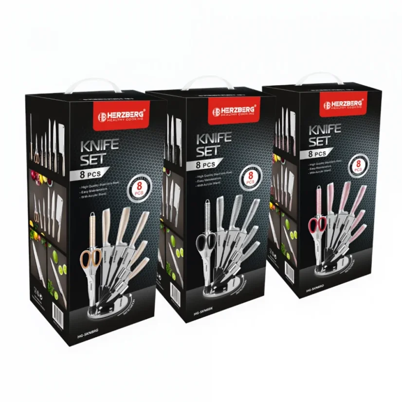 Herzberg 8-piece stainless steel knife set with acrylic stand - Red