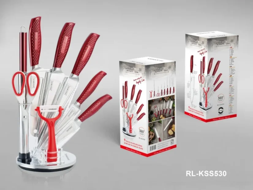 Royalty Line 9 piece knife set block with swivel holder - Red