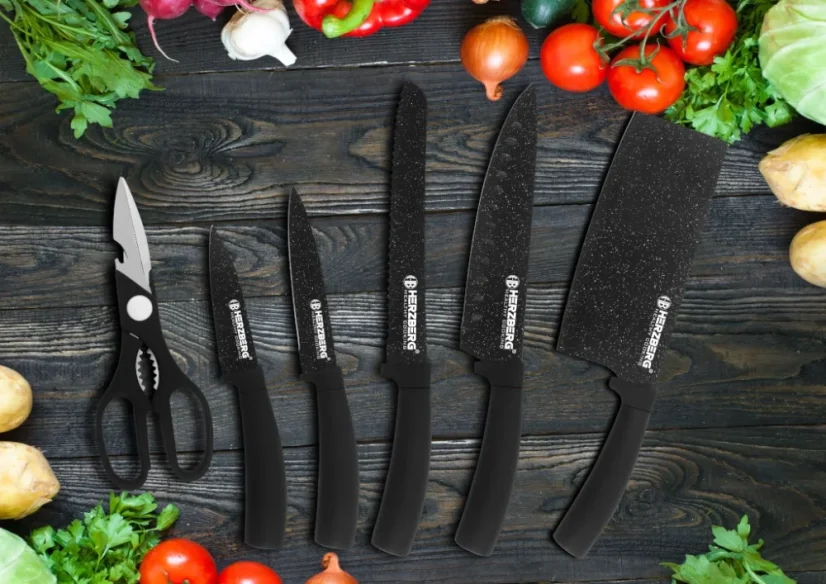 Herzberg 8 piece knife set with acrylic stand - Black marble