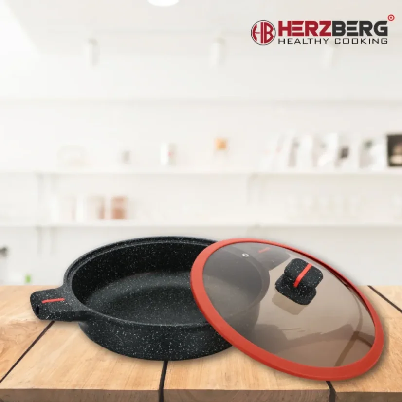 Herzberg Granite coated pot with glass lid, low - 28 cm