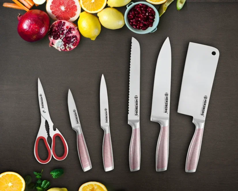 Herzberg 8-piece stainless steel knife set with acrylic stand - Yellow