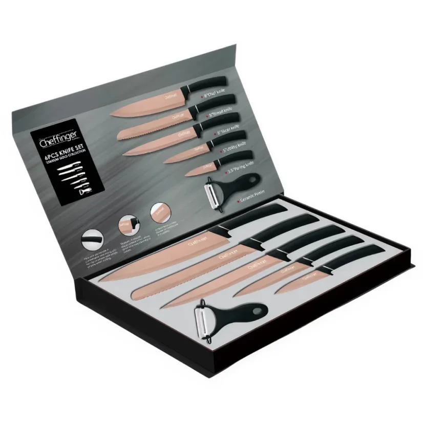 Cheffinger Sada 6 nožov s mramorovým povrchom - kolekcia Titanium Gold + Black