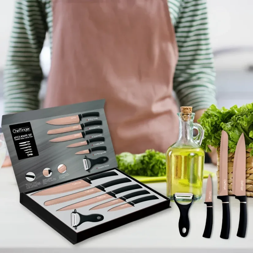 Cheffinger Sada 6 nožov s mramorovým povrchom - kolekcia Titanium Gold + Black