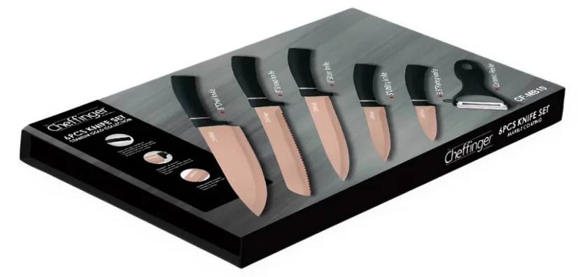 Cheffinger Sada 6 nožov s mramorovým povrchom - kolekcia Titanium Gold + Black