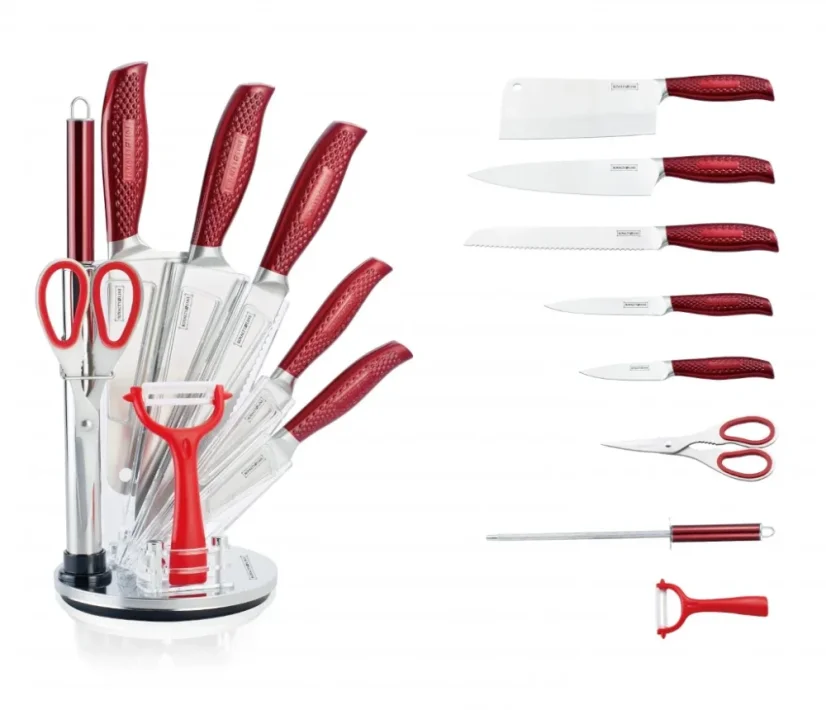 Royalty Line 9 piece knife set block with swivel holder - Red