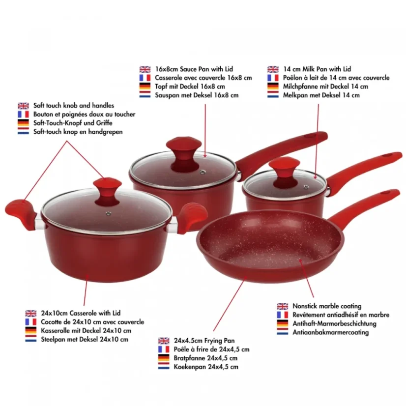 Herzberg 7 Pieces Marble Coated Cast Iron Cookware Set - Red