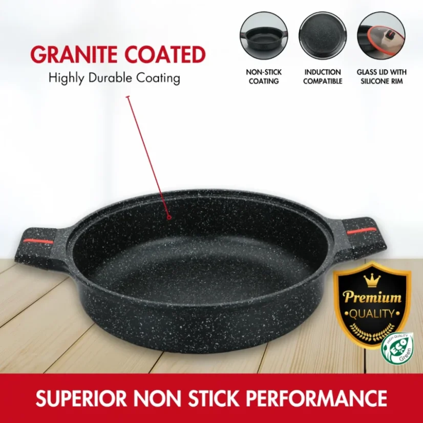 Herzberg Granite coated pot with glass lid, low - 28 cm