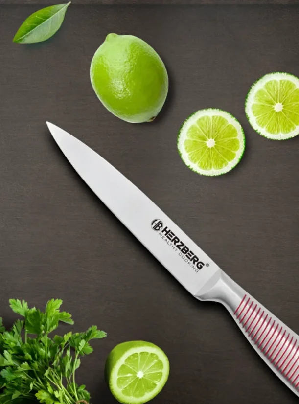 Herzberg 8-piece stainless steel knife set with acrylic stand - Red