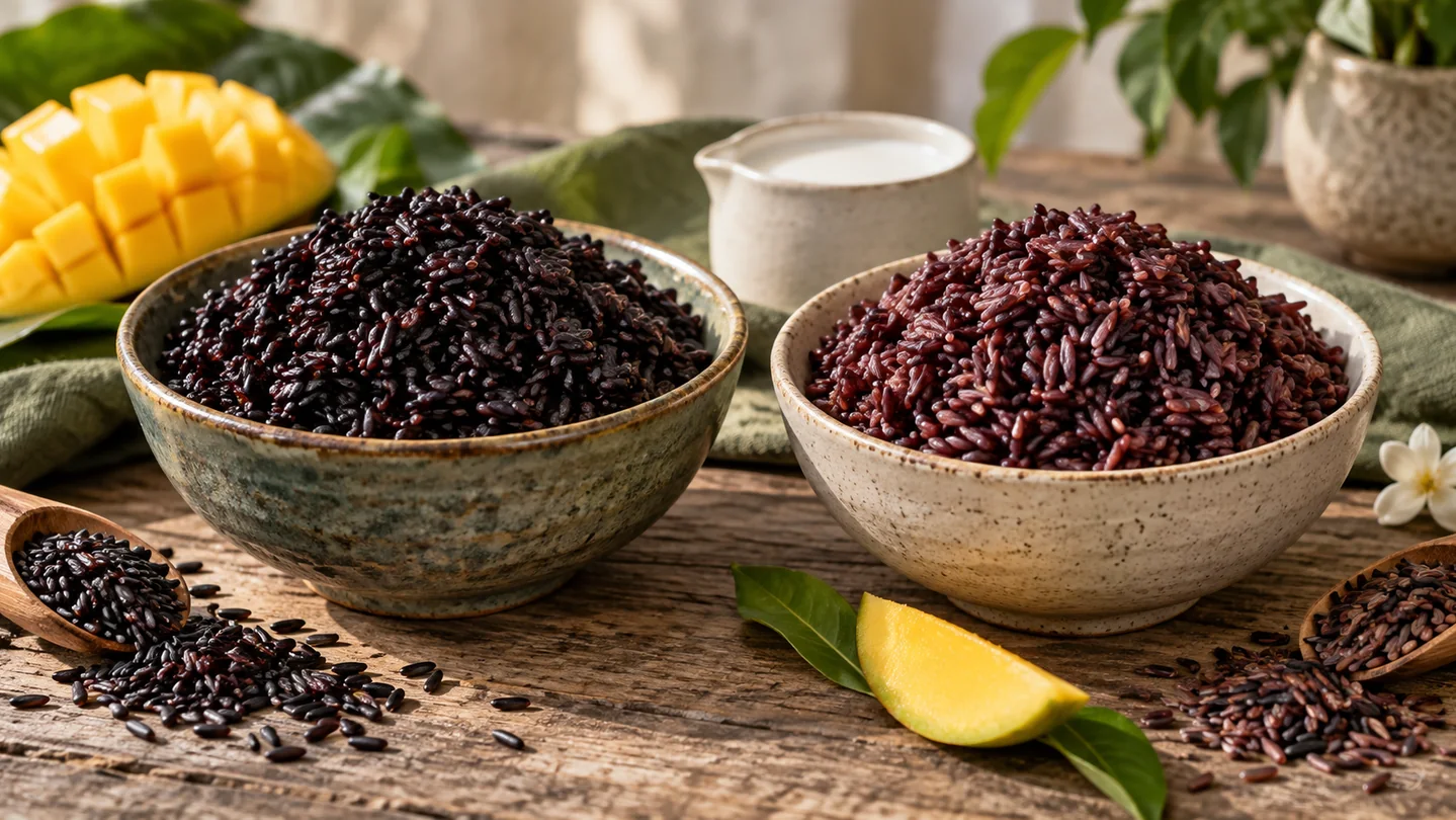 Srovnání černé a Riceberry rýže ve dvou keramických miskách