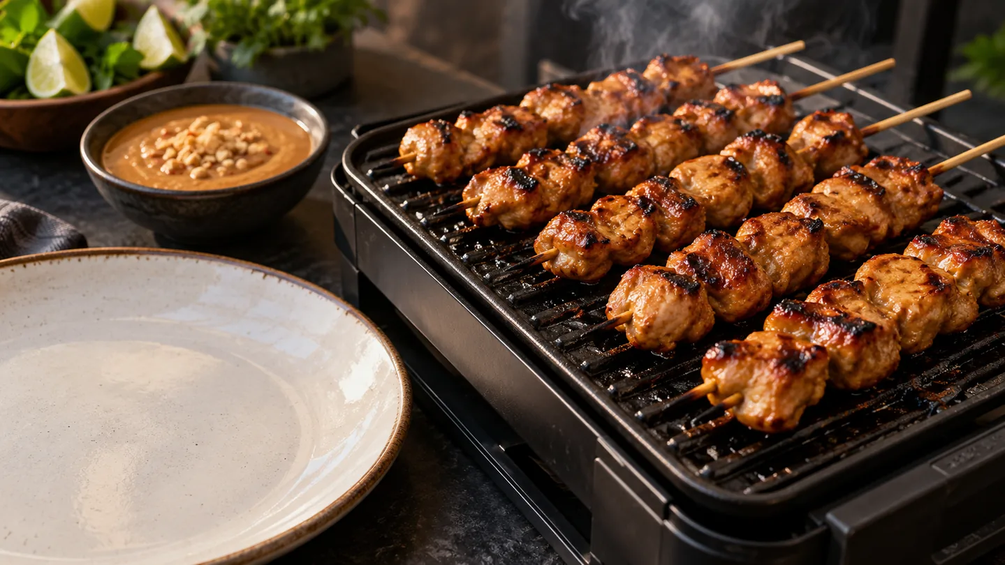 Kuřecí satay špízy opékané na rozpáleném grilu