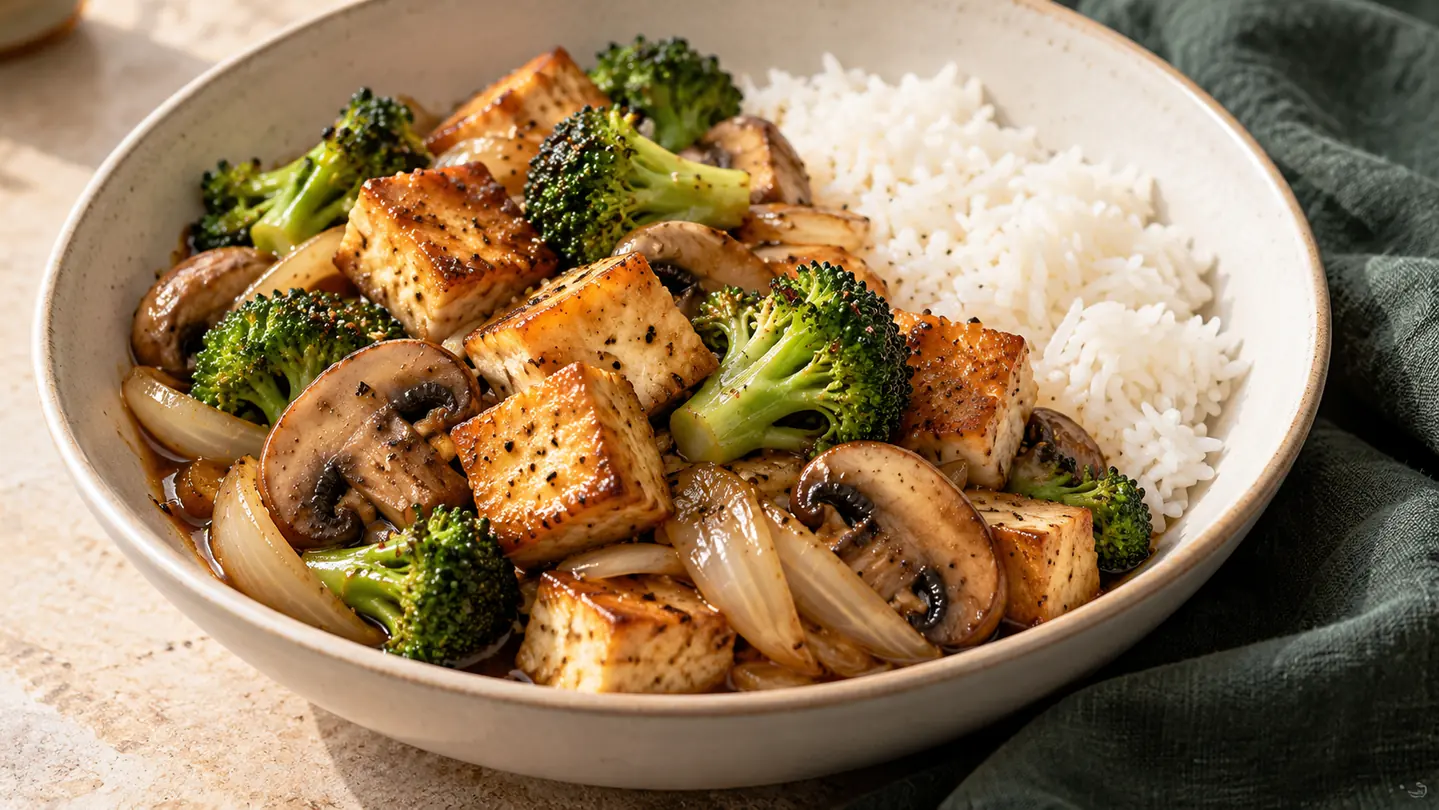 Opečené tofu, žampiony, brokolice a cibule v lehké černopepřové omáčce s rýží