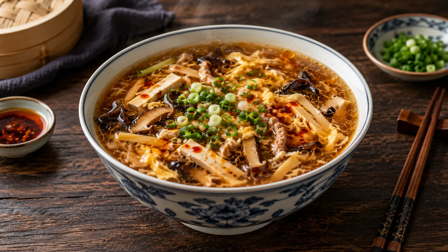 Čínská polévka Hot and Sour s tofu, houbami, bambusem a vaječnými stužkami