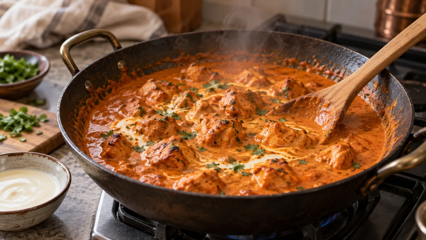 Murgh Makhani dokončované v rajčatovo-máslové omáčce