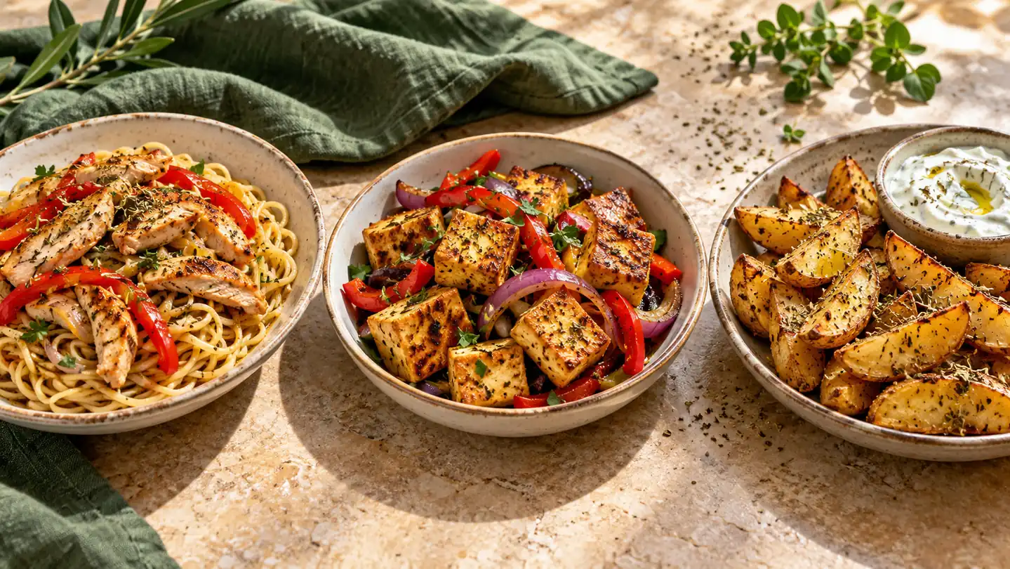 Tři domácí obměny s gyros směsí: nudlová pánev, opečené tofu a bramborové klínky