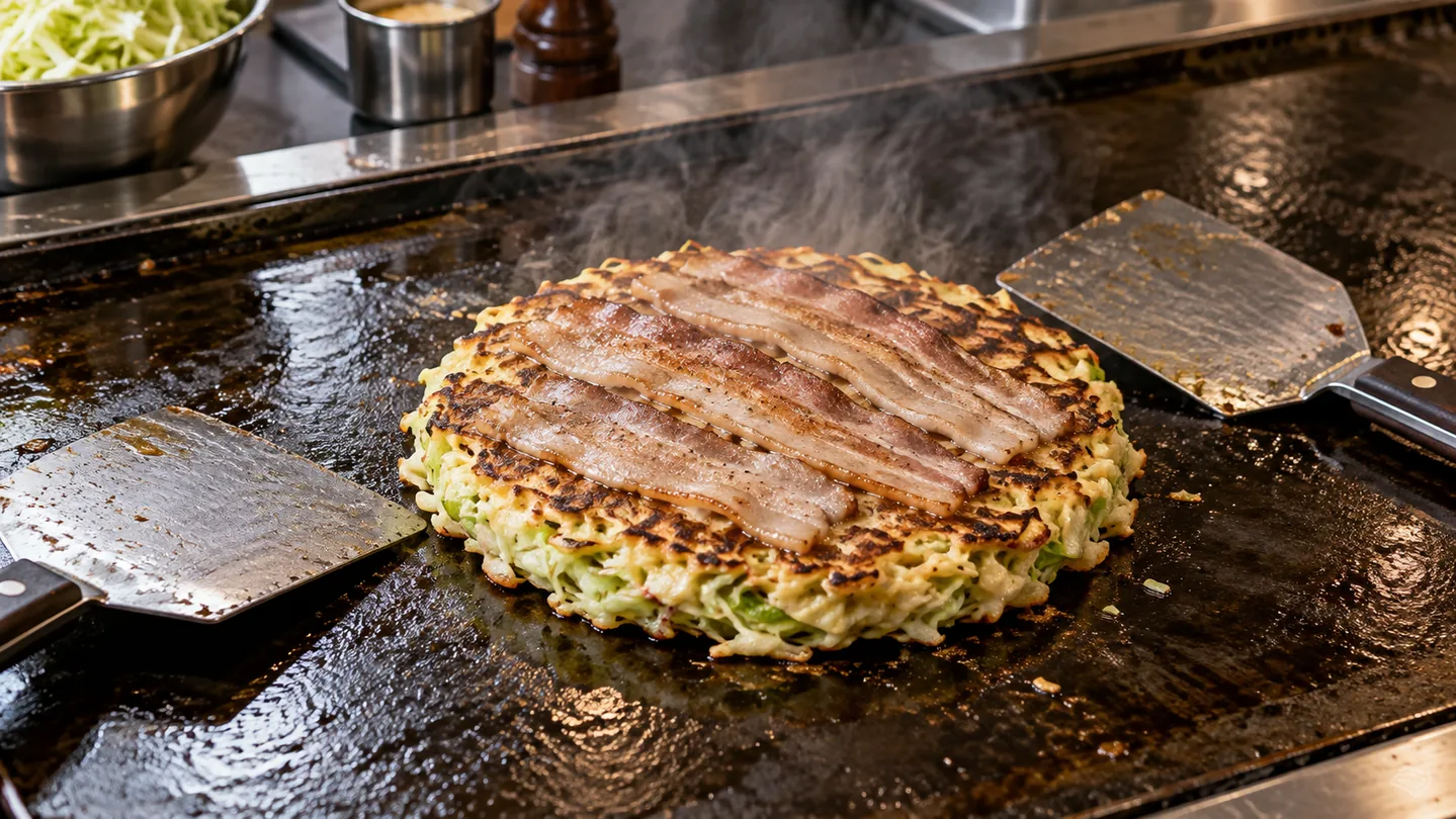 Okonomiyaki s vepřovým bůčkem během pečení na teppanu