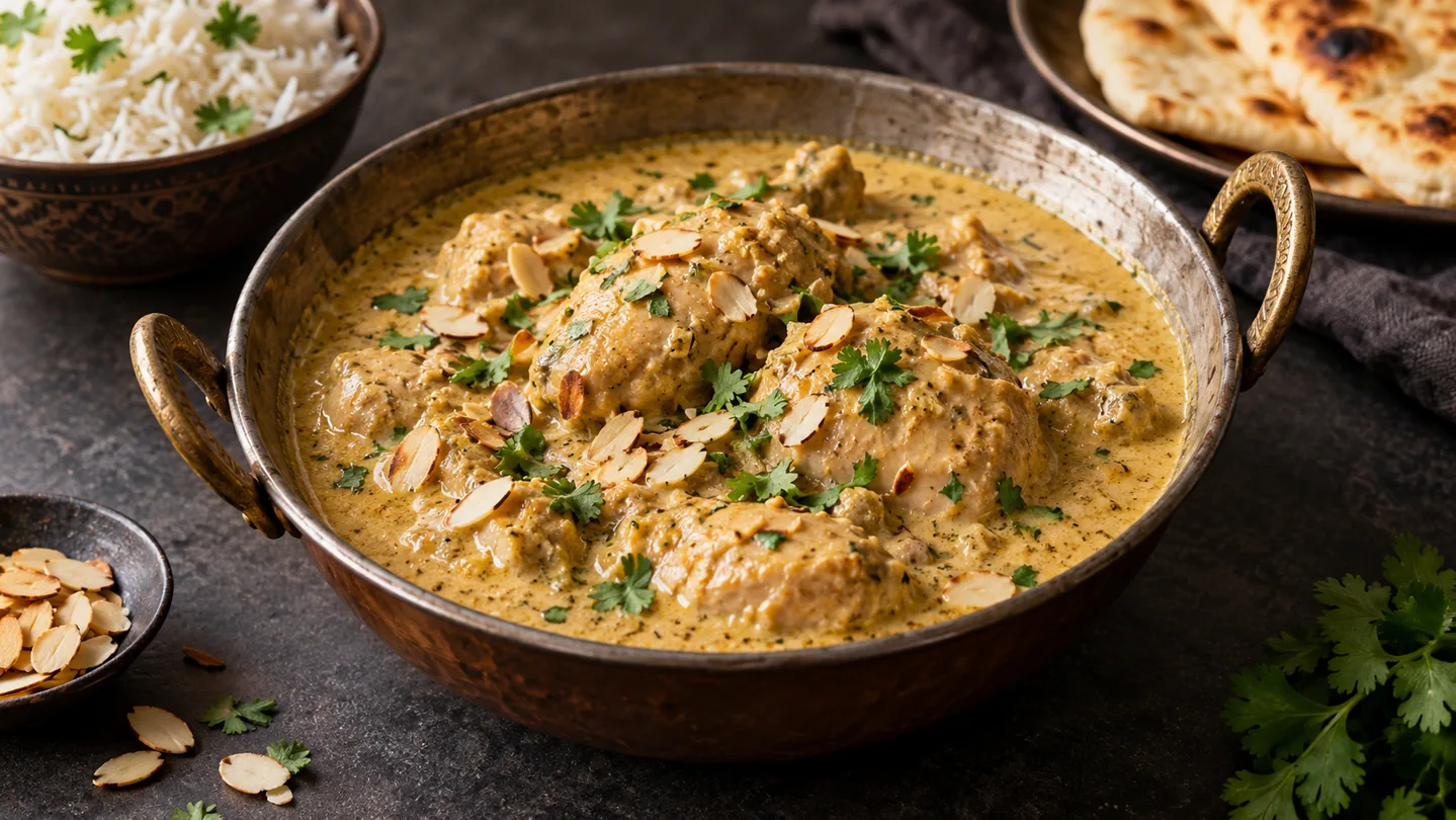 Kuřecí Korma kari s basmati, naanem, mandlemi a koriandrem