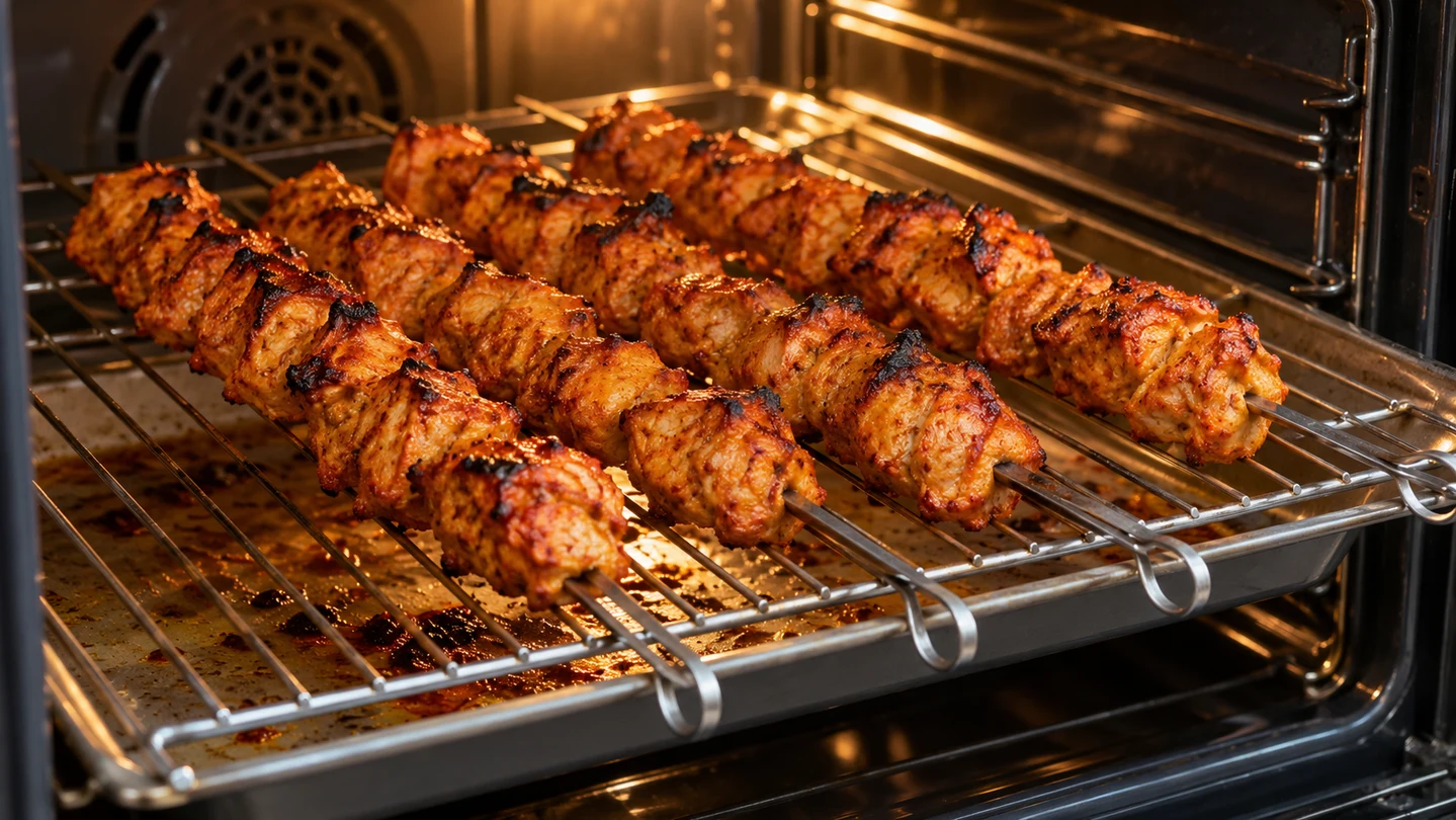 Tandoori tikka na špízech pečená na mřížce pod horním grilem