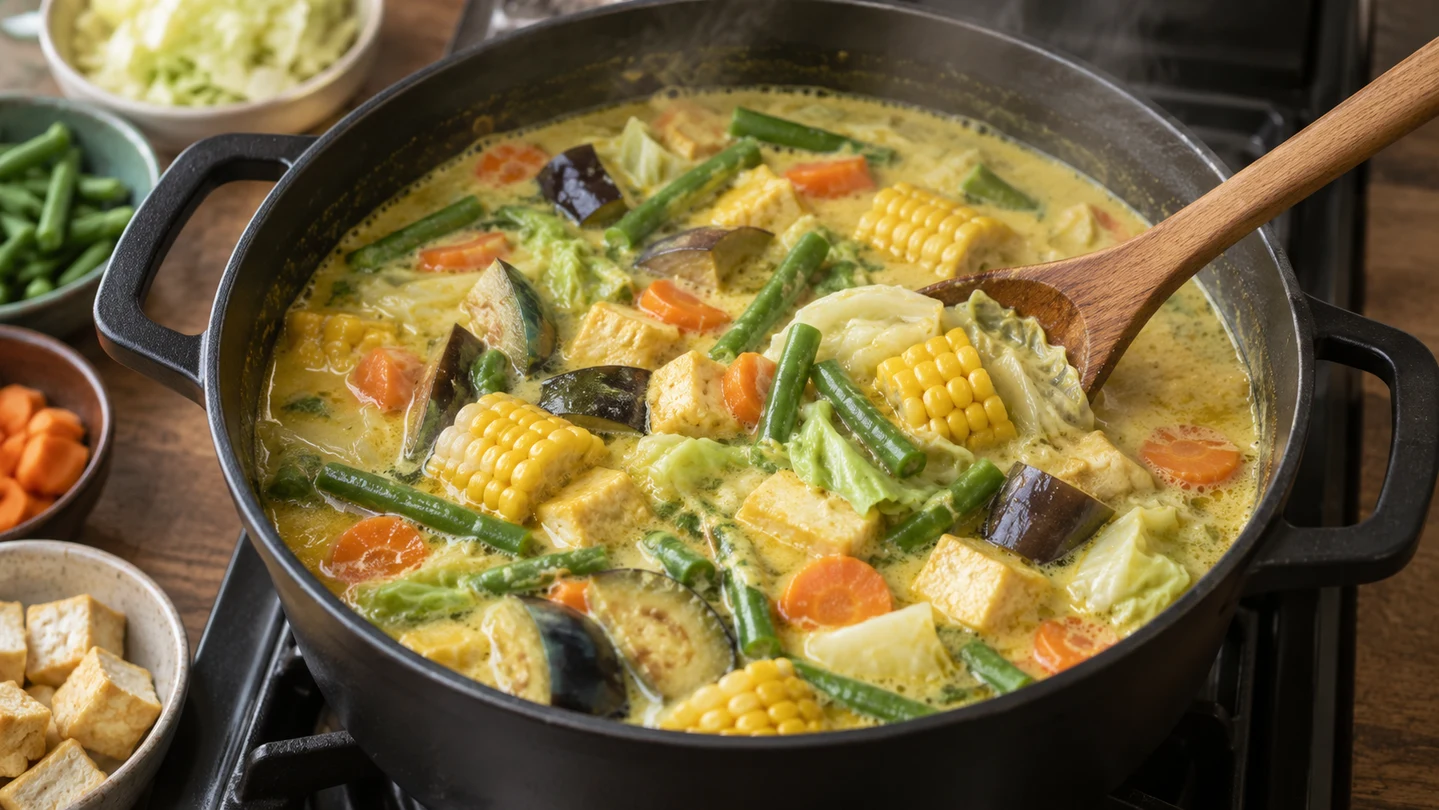 Sayur Lodeh během šetrného vaření v kokosovém vývaru