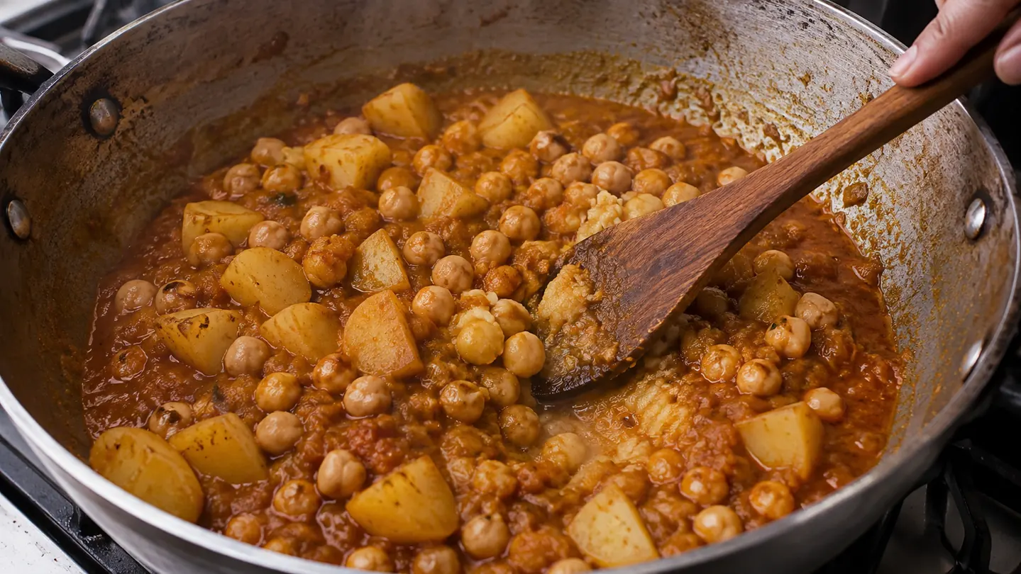 Přirozené zahuštění Aloo Choley rozmačkáním několika zrnek cizrny a kostky bramboru