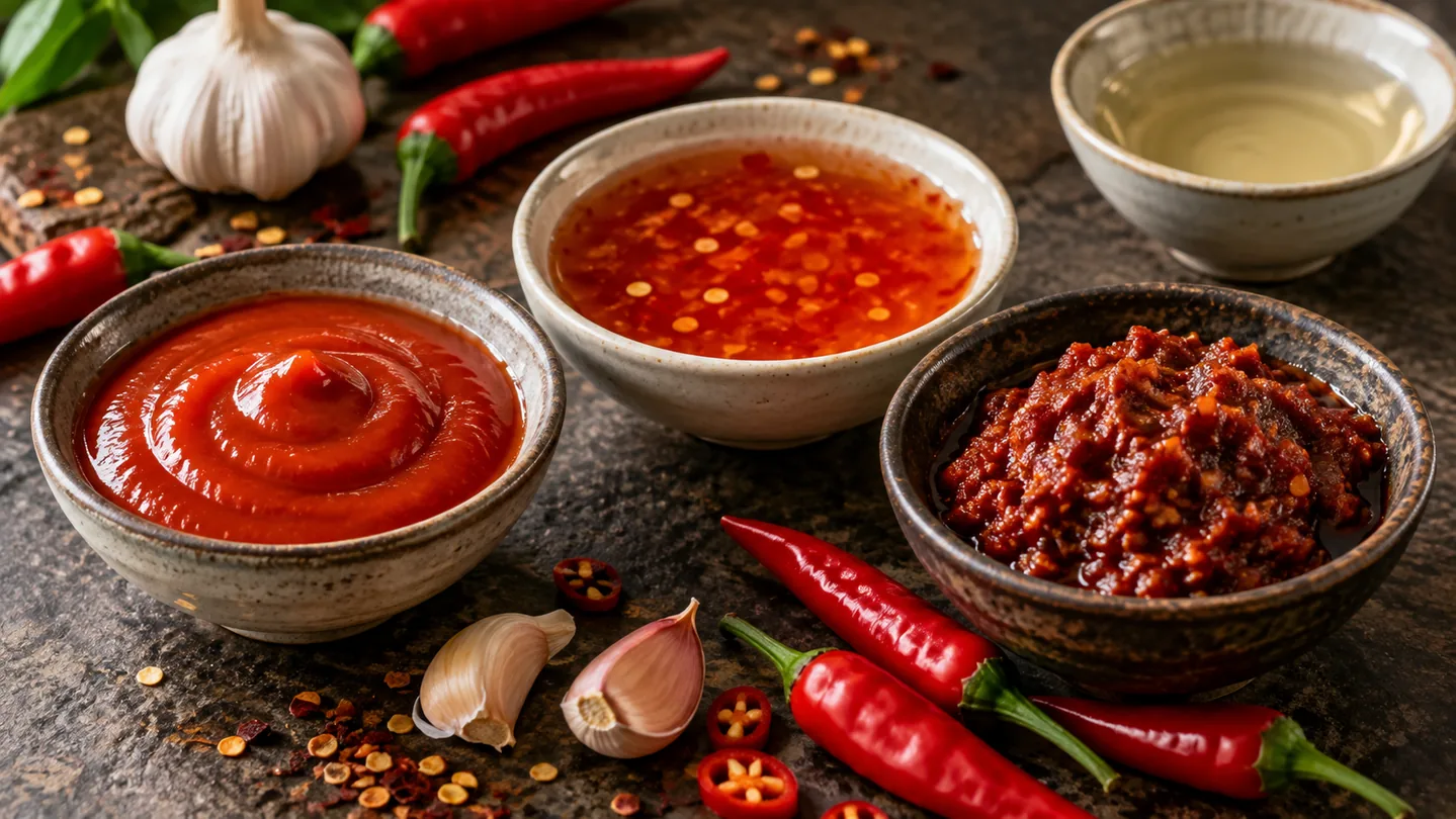 Srovnání srirachy, sladké chilli omáčky a hrubší chilli pasty