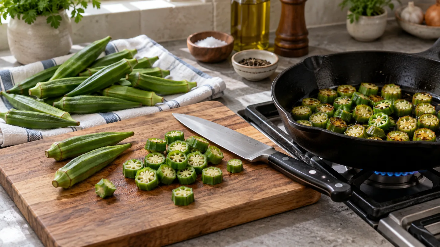 Důkladně osušená okra, krájení a opékání na široké pánvi