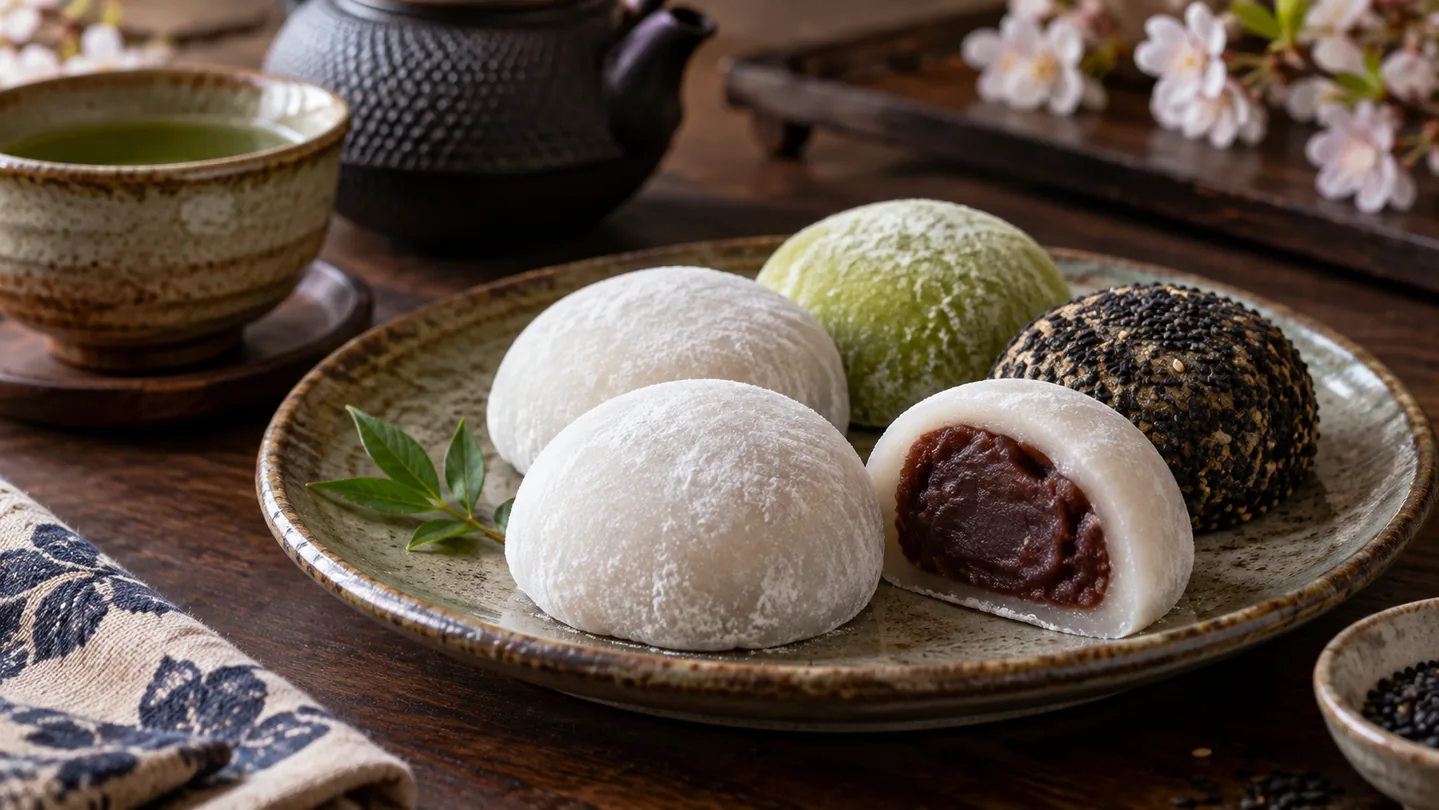 Daifuku mochi s anko, matcha a černým sezamem