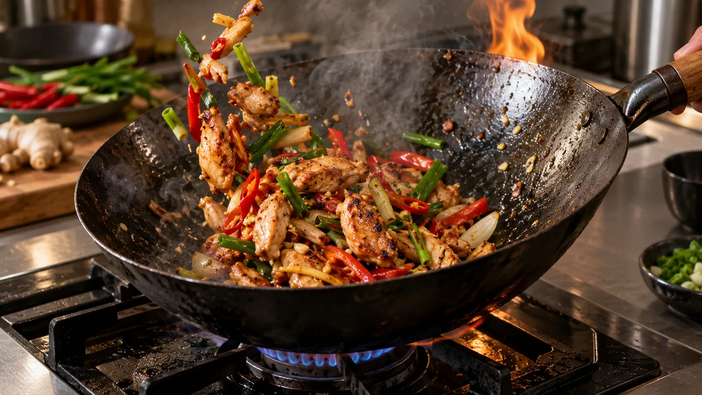 Rychlé opékání Chilli Ginger Garlic Stir Fry v rozpáleném woku