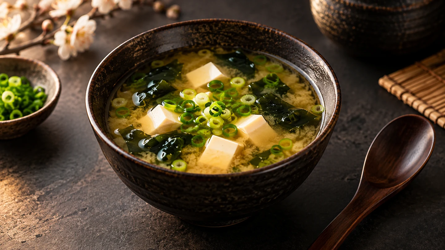 Japonská miso polévka s tofu, wakame a jarní cibulkou