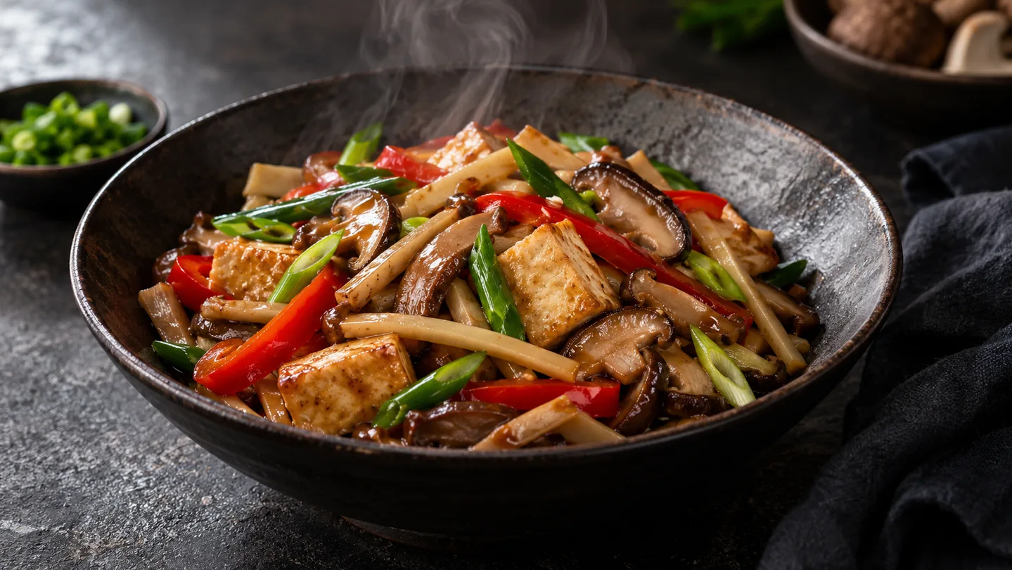 Tofu s bambusovými výhonky, shiitake a paprikou