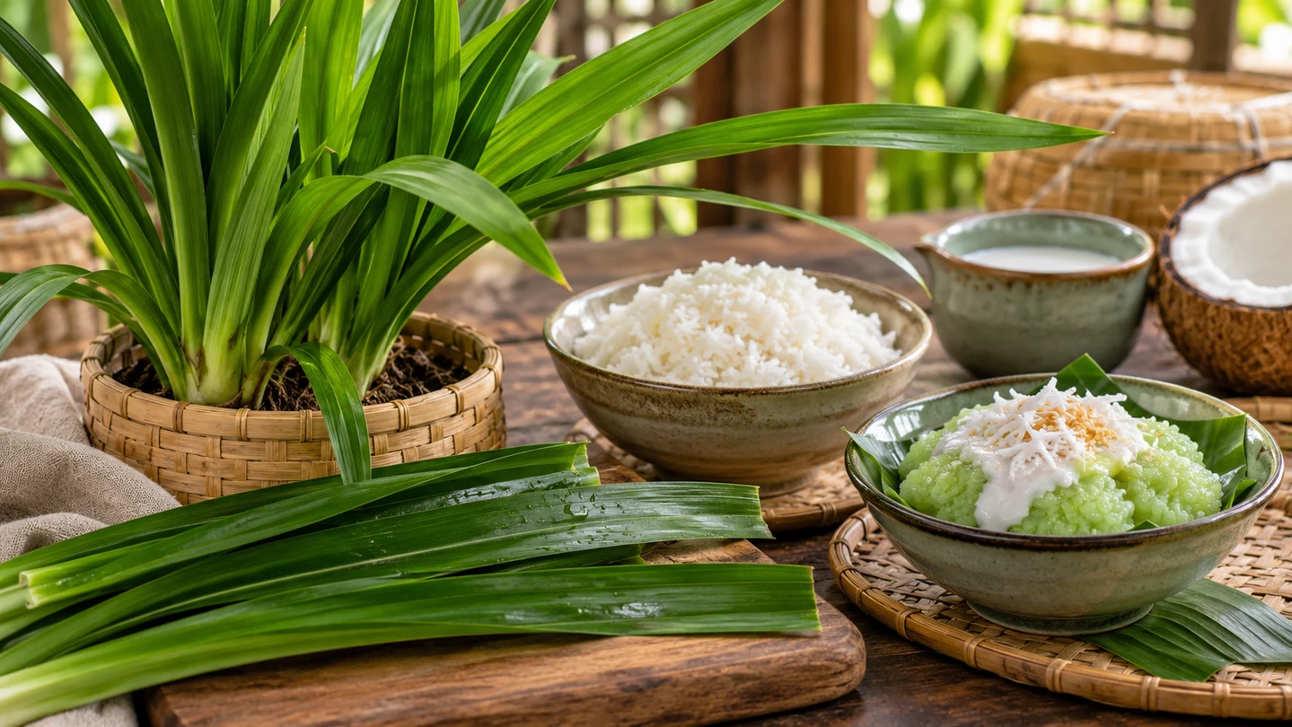 Kulinářský pandan s rýží, kokosovým mlékem a pandanovým dezertem