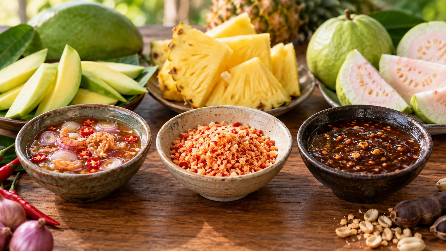 Thajský dip, vietnamská chilli sůl a indonéská rujaková omáčka