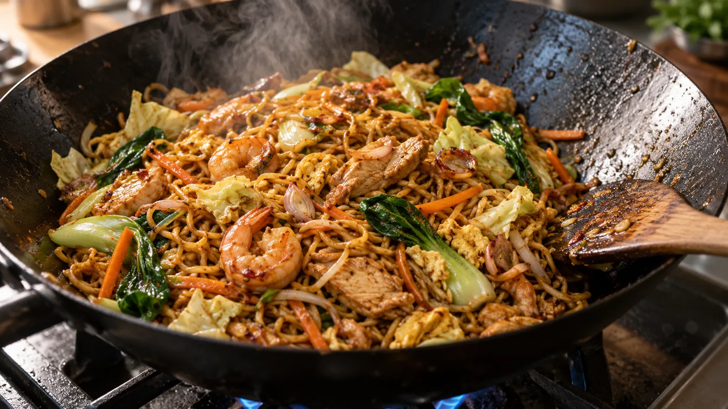 Restování Bami Goreng ve woku na vysokém žáru