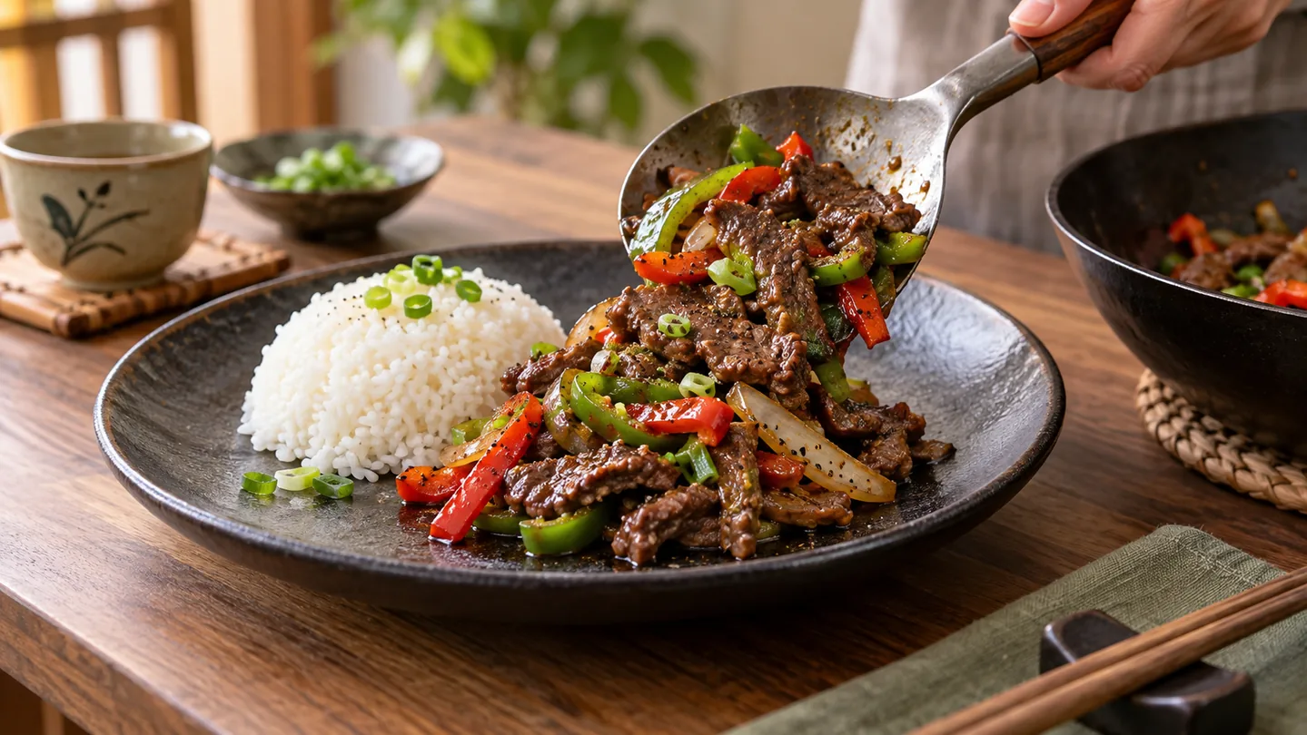 Servírování Black Pepper Stir-Fry s jasmínovou rýží