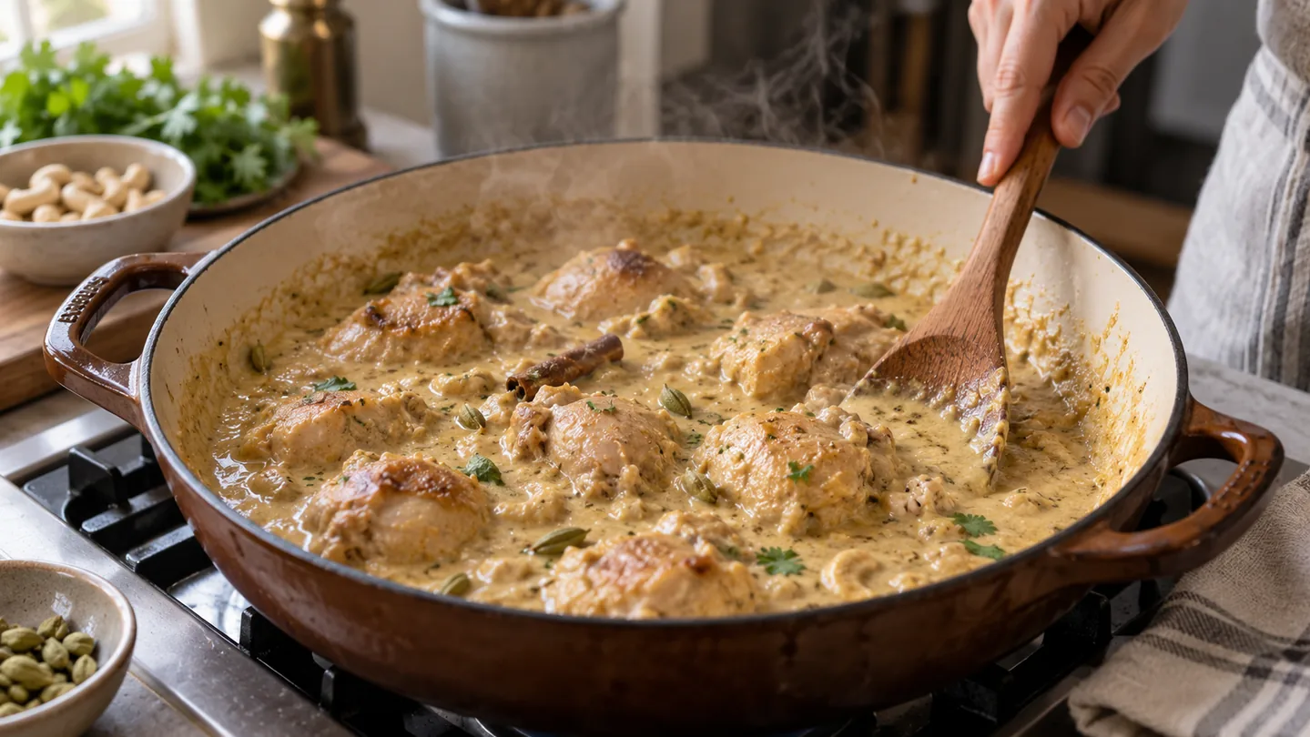 Pomalé dokončování kuřecí Korma kari v široké pánvi