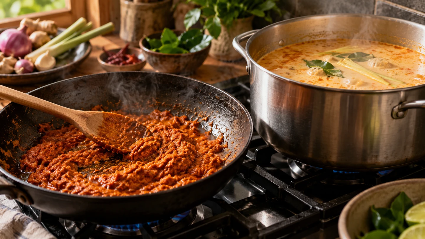 Laksa pasta a kokosový vývar při vaření