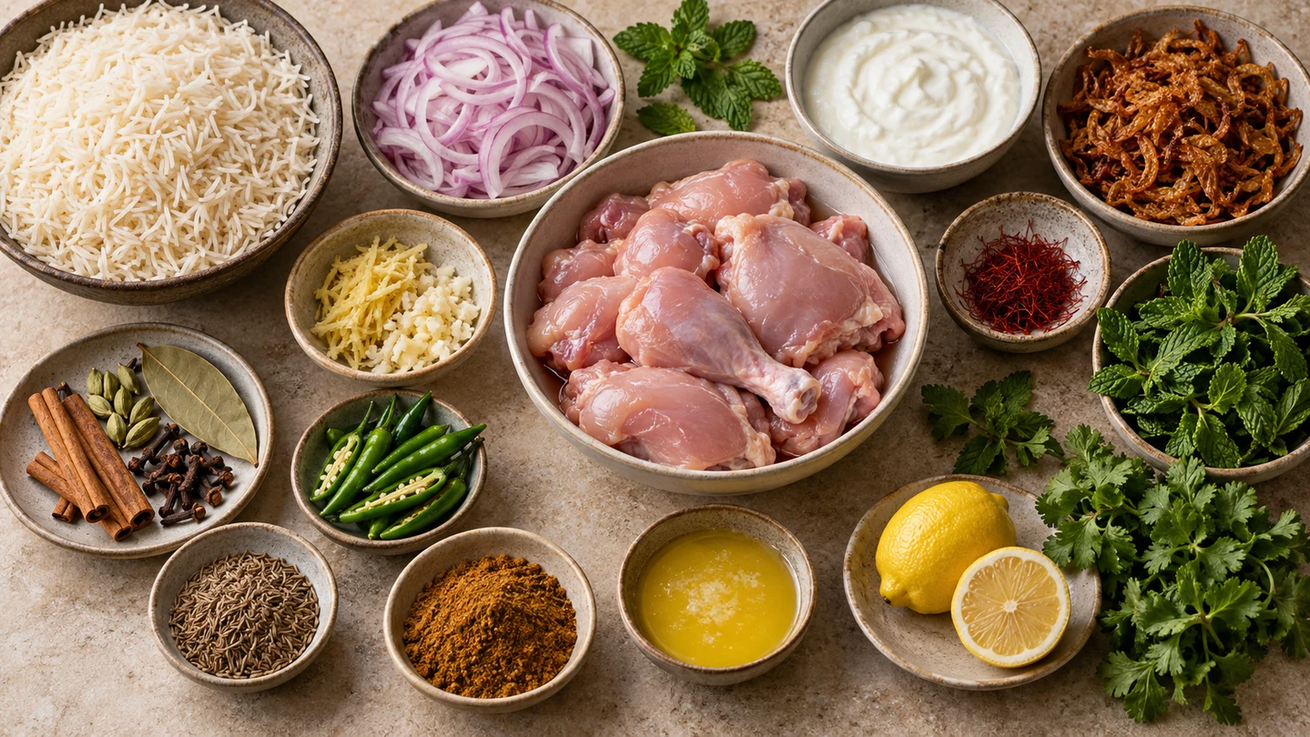 Suroviny na kuřecí Indian Biryani