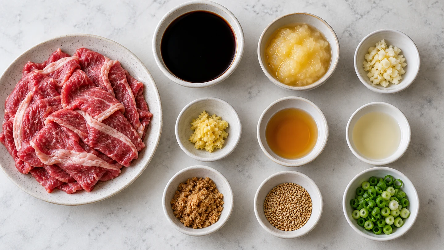 Hovězí, sójová omáčka, jablko, česnek, zázvor, sezamový olej a další suroviny na yakiniku